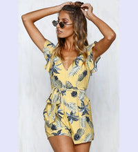 Load image into Gallery viewer, Printed V Neck Belted Backless Rompers
