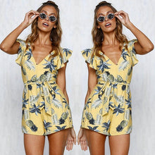 Load image into Gallery viewer, Printed V Neck Belted Backless Rompers
