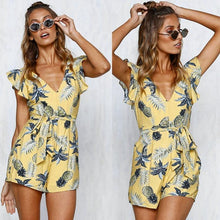 Load image into Gallery viewer, Printed V Neck Belted Backless Rompers
