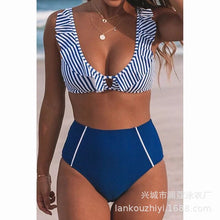 Load image into Gallery viewer, Bikini stripe solid color lotus leaf flash high waist split swimsuit
