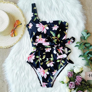 One Shoulder Floral One Piece Swimsuit Bandage for Women