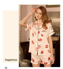 Load image into Gallery viewer, Strawberry printed short-sleeved ice silk pajamas exploded in summer simulation silk shorts ladies sweet home service two-piece suit

