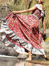 Load image into Gallery viewer, Red Off-the-shoulder Bohemia Maxi Chiffon Floral Print Dress Beach Style Vacation Dress
