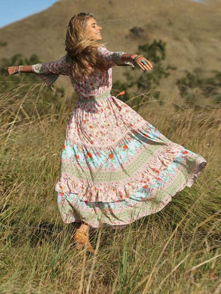 Bohemian Beach Holiday Wind Pleated Print Dress