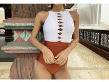 Load image into Gallery viewer, Summer Sexy Solid Color Matching High Collar Halter High Waist Siamese Thin Triangle Female Swimsuit
