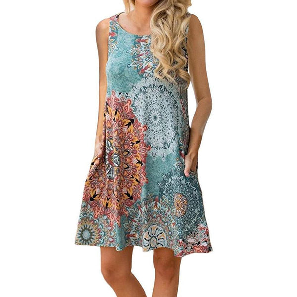 Boho Printed Sleeveless Pullover Dress