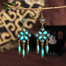 Load image into Gallery viewer, New vintage ethnic accessories diamond-shaped hole blue cutout long fringed earrings with women&#39;s diamond-set alloy earrings
