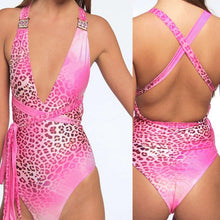 Load image into Gallery viewer, Pink Leopard Print Sexy Backless One-piece Bikini
