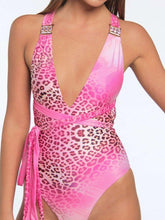 Load image into Gallery viewer, Pink Leopard Print Sexy Backless One-piece Bikini
