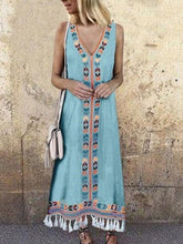 Load image into Gallery viewer, Bohemian V-neck Print Tassel Holiday Long Dress
