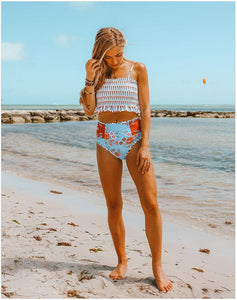 High Waist Covered Belly Slim Printed Bikini