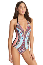 Load image into Gallery viewer, Vintage Print One Piece Bikini Deep V Swimsuit
