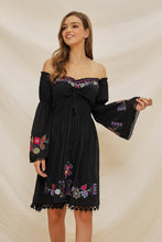 Load image into Gallery viewer, Embroidered Word Shoulder Lace Stitching Trumpet Sleeve Bohemian Holiday Dress
