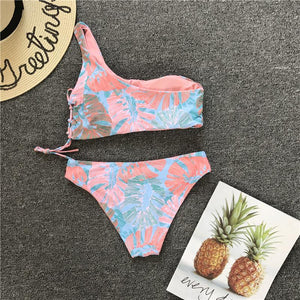 One Shoulder Straps Painted Print Sexy Bikini