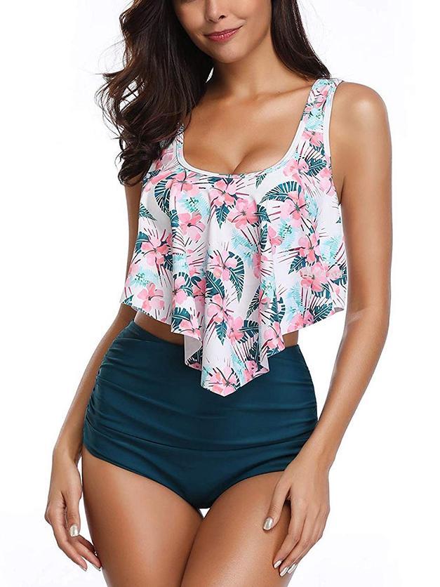 Asymmetric Ruffle Overlay High Waist Bikini Set