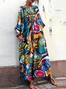 Ink Floral Print Dress Bohemian Sleeve Sleeve Skirt