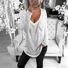 Load image into Gallery viewer, Sexy V-neck Loose Pocket Long Sleeved T Shirt
