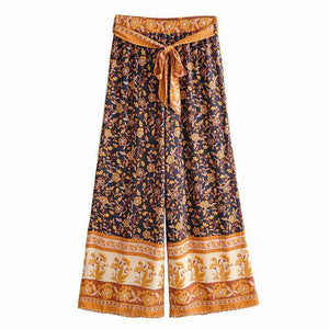 High Waistband Wide Tube Leg Pants Bohemian Print Waist Trousers