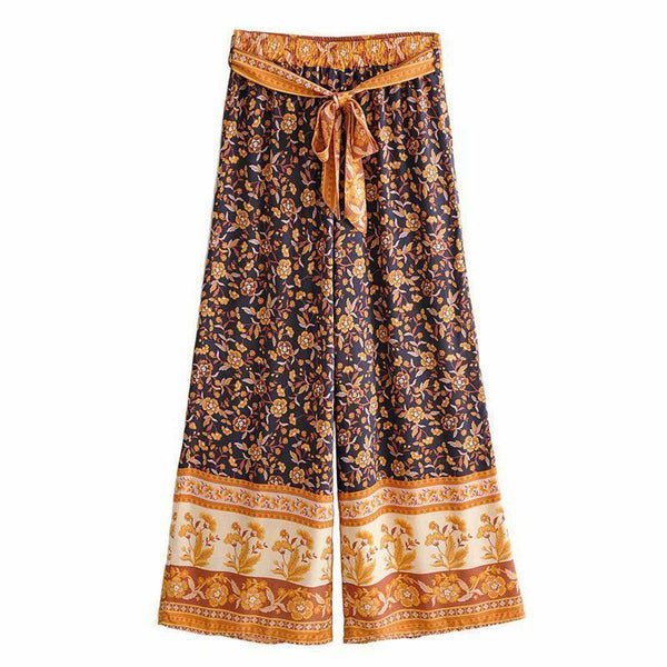 High Waistband Wide Tube Leg Pants Bohemian Print Waist Trousers