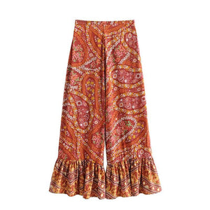 Bohemian Printed Stitching Pocket Flared Pants