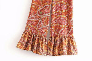 Bohemian Printed Stitching Pocket Flared Pants