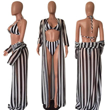 Load image into Gallery viewer, Sexy Black and White Striped Split Swimsuit Bikini Chiffon Cloak Three Piece Suit
