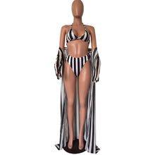 Load image into Gallery viewer, Sexy Black and White Striped Split Swimsuit Bikini Chiffon Cloak Three Piece Suit
