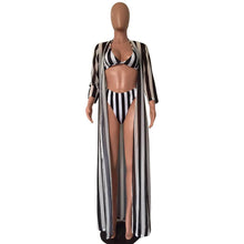 Load image into Gallery viewer, Sexy Black and White Striped Split Swimsuit Bikini Chiffon Cloak Three Piece Suit
