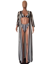 Load image into Gallery viewer, Sexy Black and White Striped Split Swimsuit Bikini Chiffon Cloak Three Piece Suit
