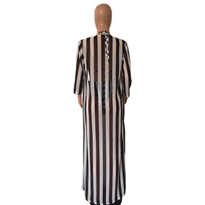 Sexy Black and White Striped Split Swimsuit Bikini Chiffon Cloak Three Piece Suit