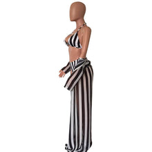 Load image into Gallery viewer, Sexy Black and White Striped Split Swimsuit Bikini Chiffon Cloak Three Piece Suit
