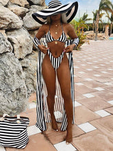 Load image into Gallery viewer, Sexy Black and White Striped Split Swimsuit Bikini Chiffon Cloak Three Piece Suit
