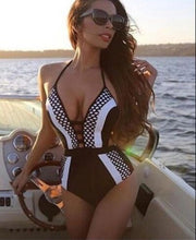 Load image into Gallery viewer, Halter Black and White Color One Piece Swimsuit
