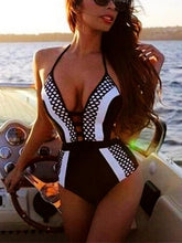 Load image into Gallery viewer, Halter Black and White Color One Piece Swimsuit
