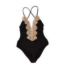 Load image into Gallery viewer, Embroidered Halter Black Triangle One Piece Swimsuit
