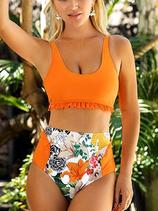 Orange Split Print Swimsuit