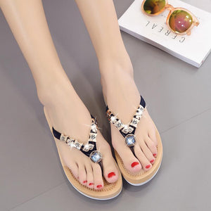 Bohemian flat heel rhinestone flip-flop women's sandals