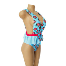 Load image into Gallery viewer, Ruffled Waist Print V-neck Bow Ins Style One Piece Swimsuit
