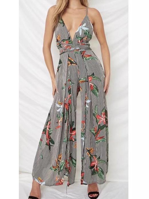 Sexy Spaghetti Strap Print Wide Leg Pants Jumpsuit Rompers