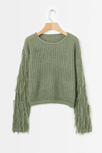 Solid Color Round Neck Long Sleeve Tassel Sweater