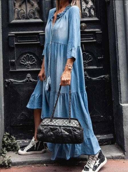 2710# Seven-quarter Sleeve Long Washing Cowboy Dress