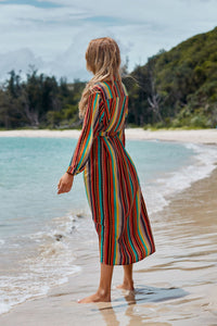 New Shirt Collar Color Strip Button Belt Beach Cover up