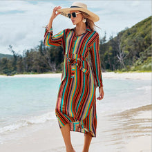 Load image into Gallery viewer, New Shirt Collar Color Strip Button Belt Beach Cover up
