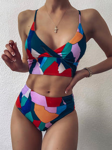 Sexy Multicolor Geometric Print V-neck Bikini Split Swimsuit Cross Swimsuit