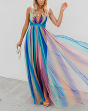 Load image into Gallery viewer, Sexy deep V rainbow mesh sling dress
