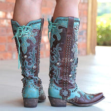 Load image into Gallery viewer, Oversized women&#39;s boots autumn winter pointed thick heel embroidered printed lace up mid tube leather boots
