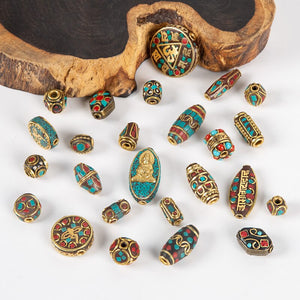 1Pc 15 Styles Retro Nepal Beads Handmade Red Coral Tibetan Bead Antique Golden For Jewelry Components Making DIY Bracelets