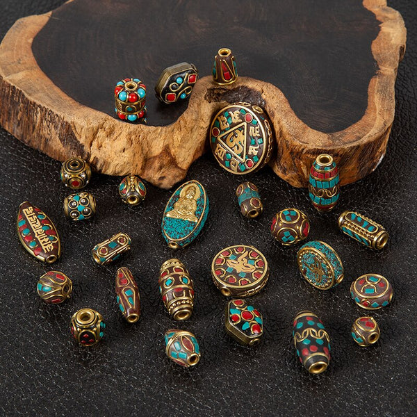 1Pc 15 Styles Retro Nepal Beads Handmade Red Coral Tibetan Bead Antique Golden For Jewelry Components Making DIY Bracelets