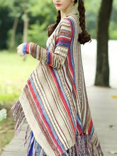 Load image into Gallery viewer, Ethnic Bohemian Striped Long Sleeve Tassel Knitted Cardigan Sweater
