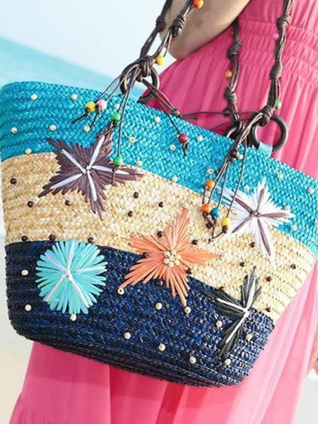 Bohemia Starfish Embroidery Seaside Holiday Beach Straw Shoulder Bag